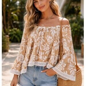 Christian Siriano NY Off-Shoulder Floral Blouse Linen Blend Top Sz M Flowy Boho